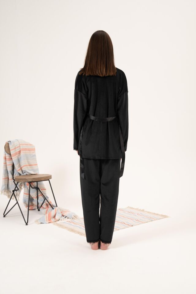 Kadın Kışlık 3 Parça Sabahlıklı Kadife Pijama Takımı M