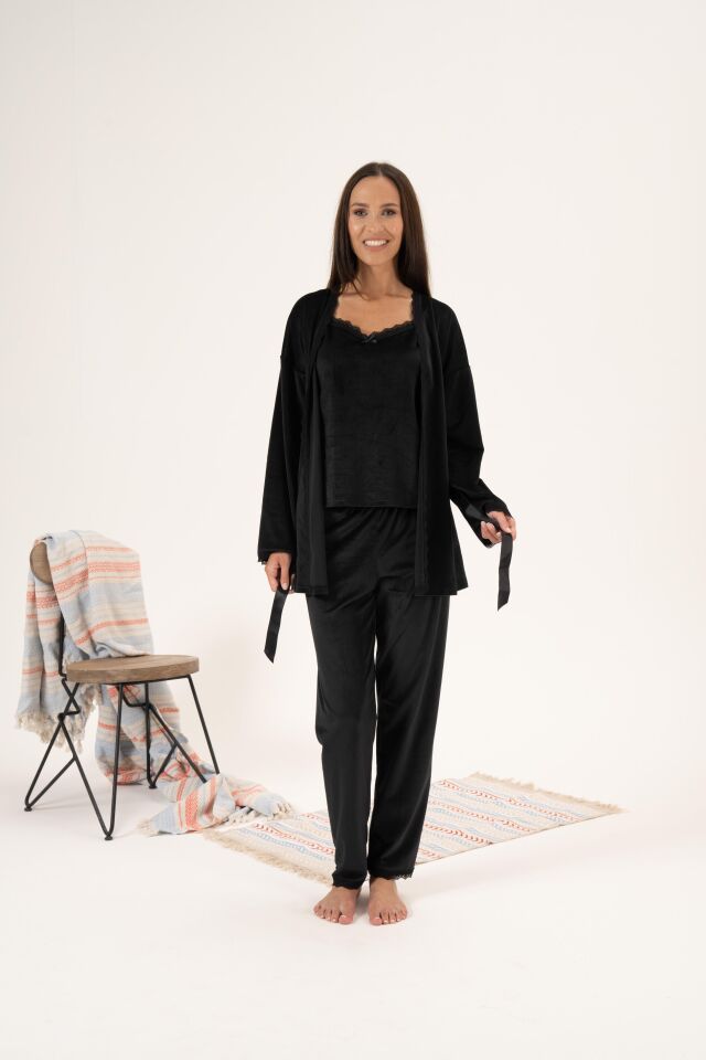 Kadın Kışlık 3 Parça Sabahlıklı Kadife Pijama Takımı M