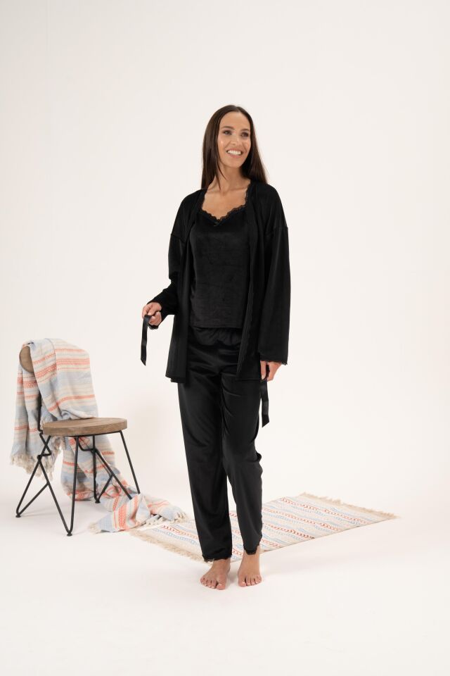 Kadın Kışlık 3 Parça Sabahlıklı Kadife Pijama Takımı XL - Siyah