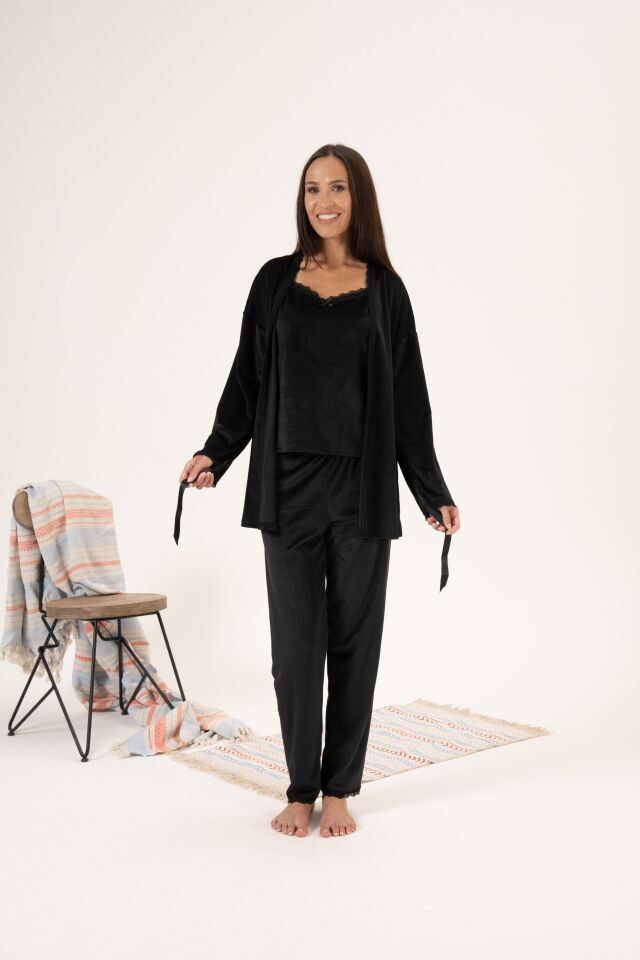 Kadın Kışlık 3 Parça Sabahlıklı Kadife Pijama Takımı 2XL - Siyah