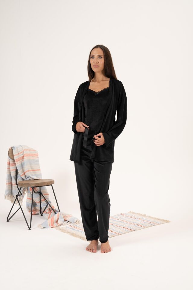 Kadın Kışlık 3 Parça Sabahlıklı Kadife Pijama Takımı 2XL - Siyah