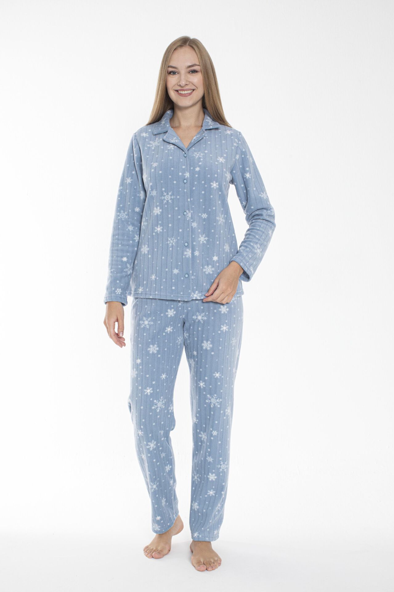 Kadın Kışlık Kar Desenli Önden Düğmeli Fitilli Polar Pijama Takımı Mavi