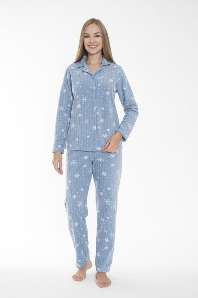 Kadın Kışlık Kar Desenli Önden Düğmeli Fitilli Polar Pijama Takımı Mavi