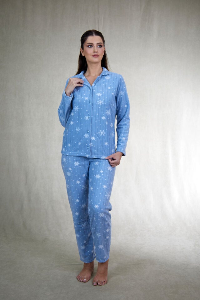 Kadın Kışlık Kar Desenli Önden Düğmeli Fitilli Polar Pijama Takımı Mavi alternatif görsel