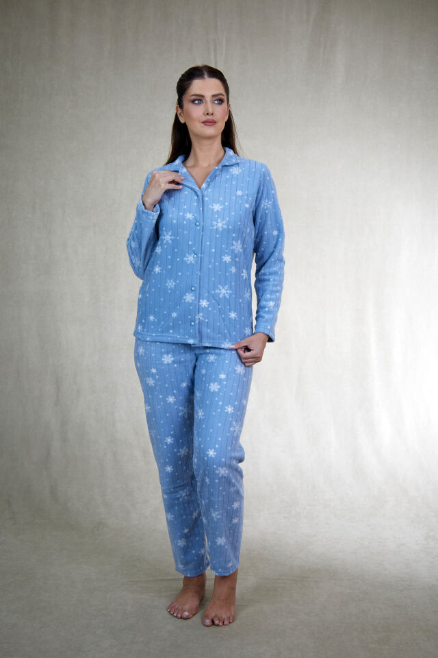Kadın Kışlık Kar Desenli Önden Düğmeli Fitilli Polar Pijama Takımı Mavi alternatif görsel