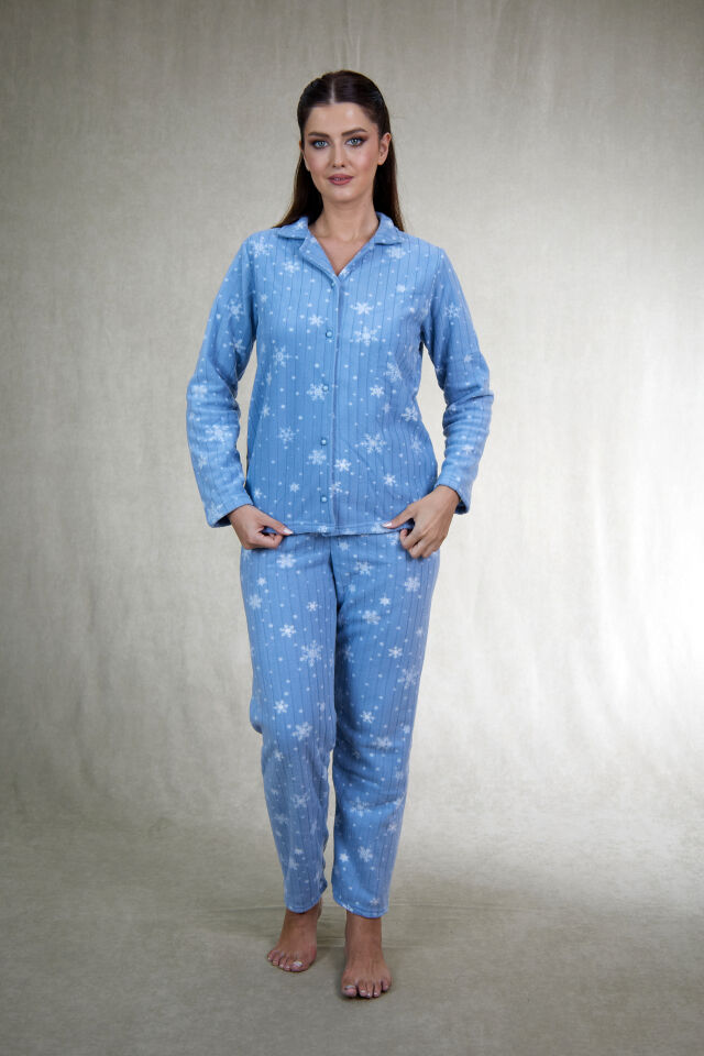 Kadın Kışlık Kar Desenli Önden Düğmeli Fitilli Polar Pijama Takımı Mavi