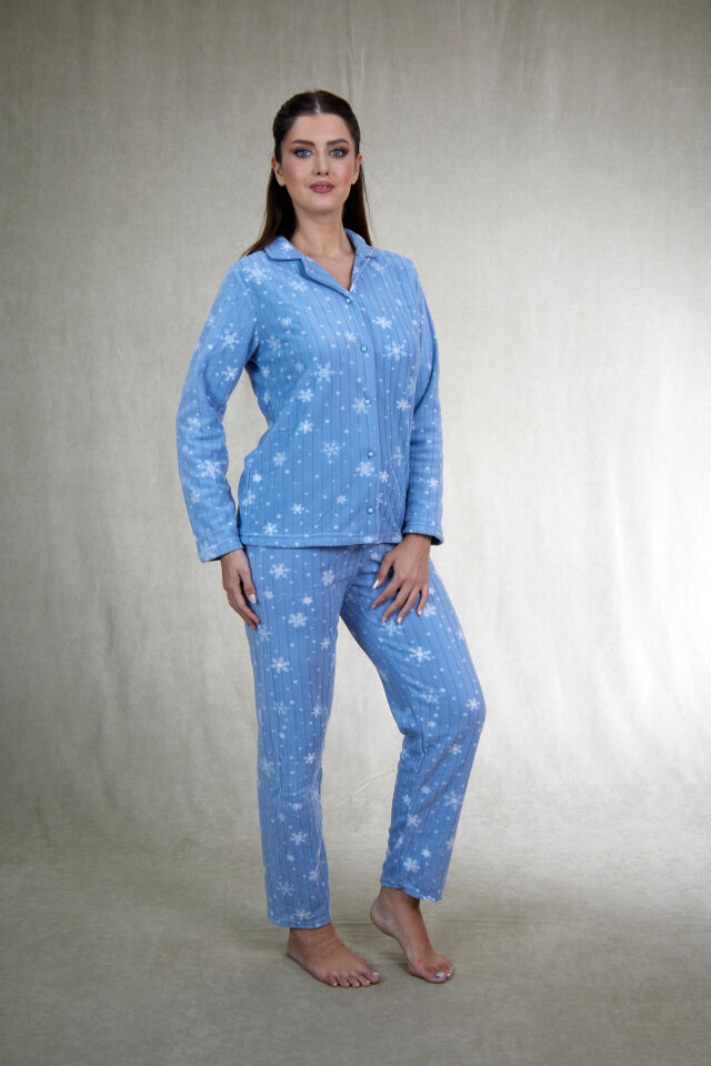 Kadın Kışlık Kar Desenli Önden Düğmeli Fitilli Polar Pijama Takımı Mavi