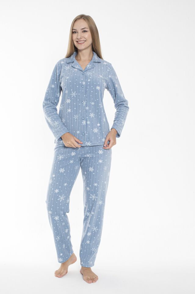 Kadın Kışlık Kar Desenli Önden Düğmeli Fitilli Polar Pijama Takımı Mavi