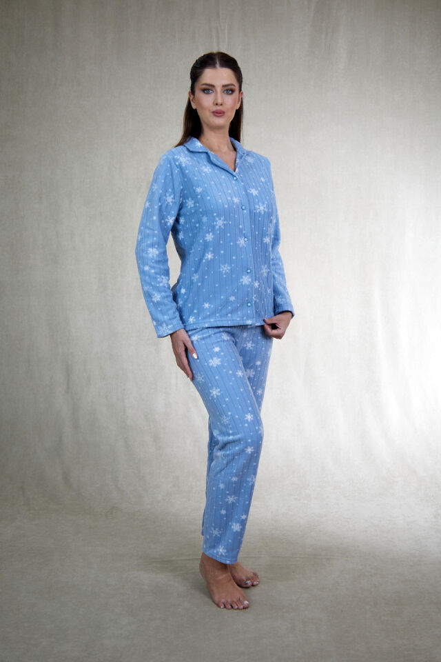 Kadın Kışlık Kar Desenli Önden Düğmeli Fitilli Polar Pijama Takımı Mavi