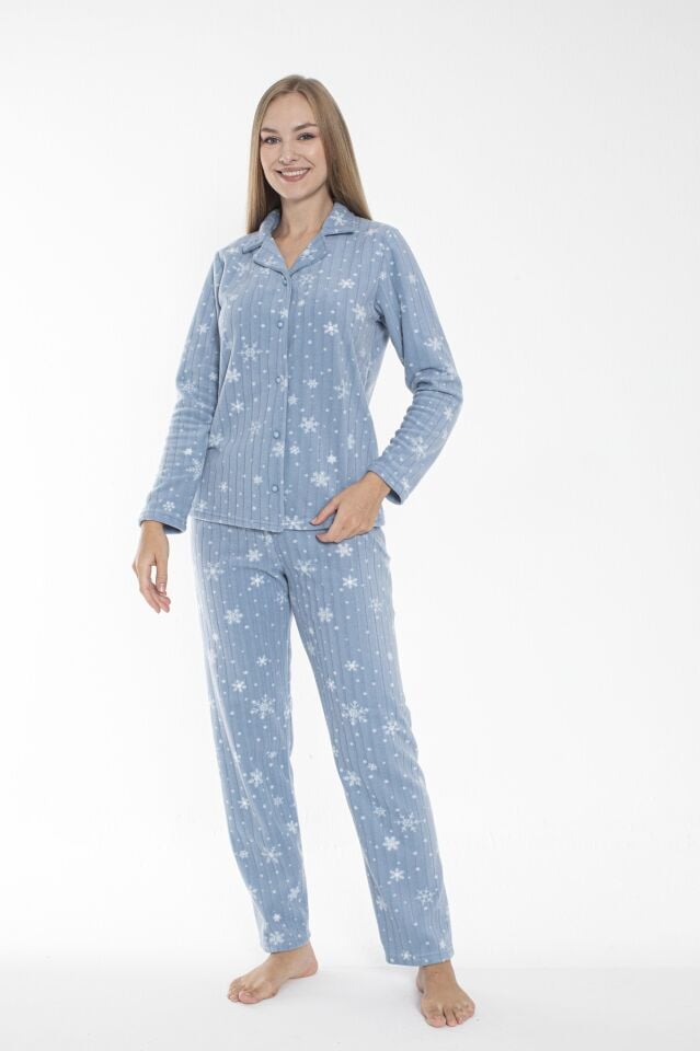 Kadın Kışlık Kar Desenli Önden Düğmeli Fitilli Polar Pijama Takımı Mavi