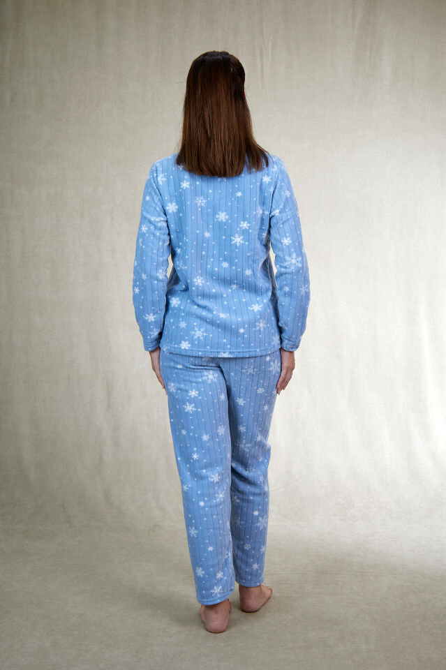 Kadın Kışlık Kar Desenli Önden Düğmeli Fitilli Polar Pijama Takımı Mavi
