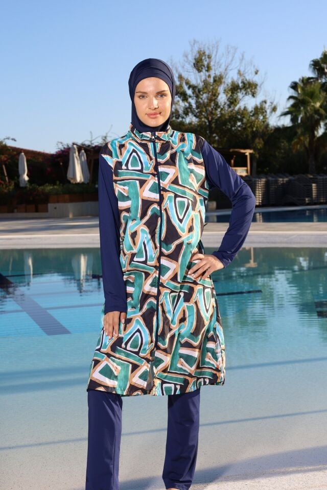 Estiva Geo Tam Kapalı Pantolonlu Fermuarlı Uzun Tesettür Mayo