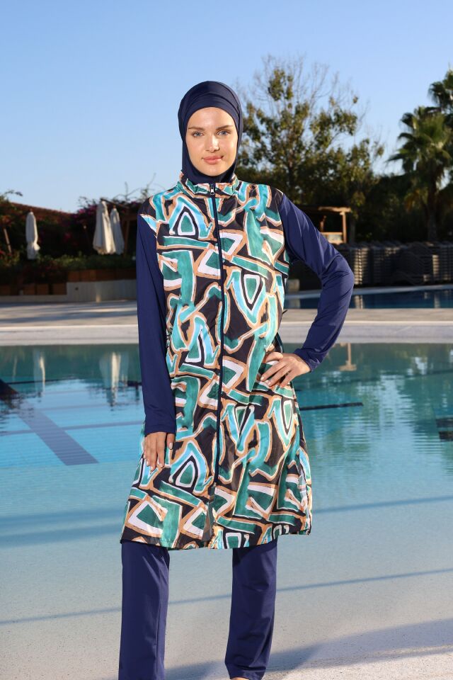 Estiva Geo Tam Kapalı Pantolonlu Fermuarlı Uzun Tesettür Mayo