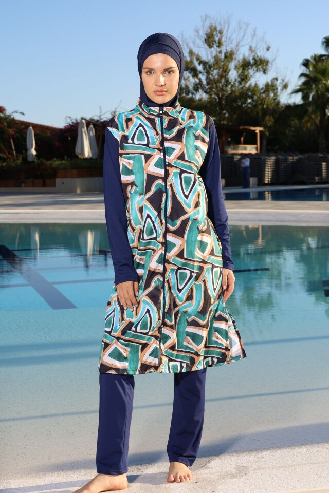 Estiva Geo Tam Kapalı Pantolonlu Fermuarlı Uzun Tesettür Mayo