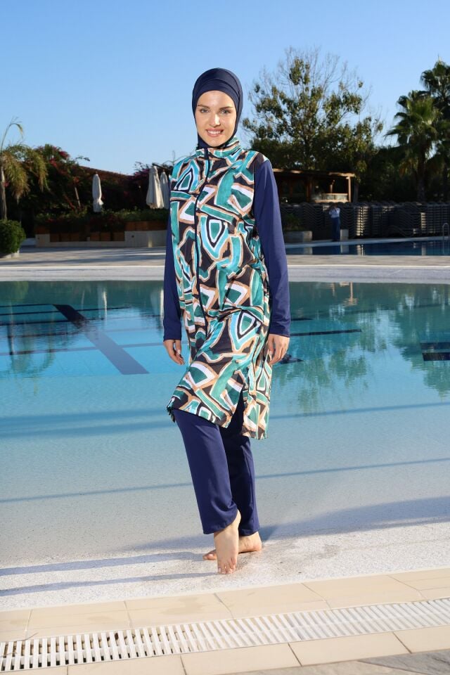 Estiva Geo Tam Kapalı Pantolonlu Fermuarlı Uzun Tesettür Mayo