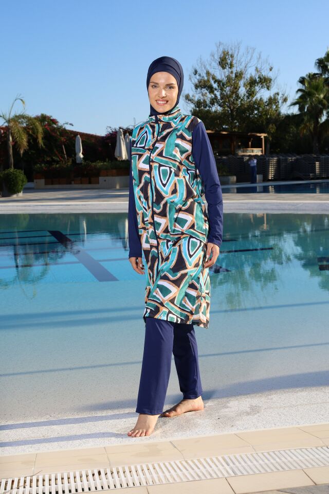 Estiva Geo Tam Kapalı Pantolonlu Fermuarlı Uzun Tesettür Mayo