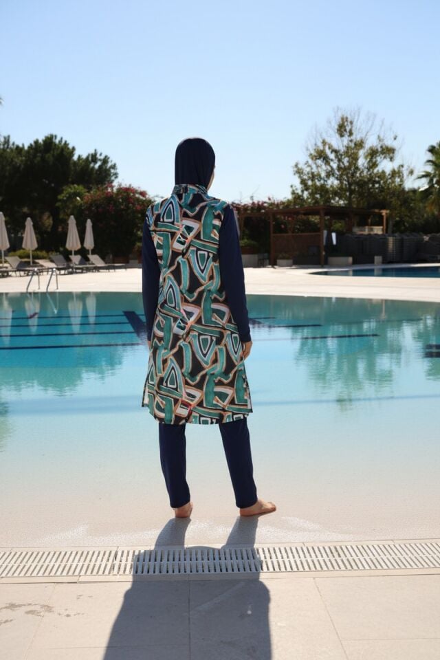 Estiva Geo Tam Kapalı Pantolonlu Fermuarlı Uzun Tesettür Mayo