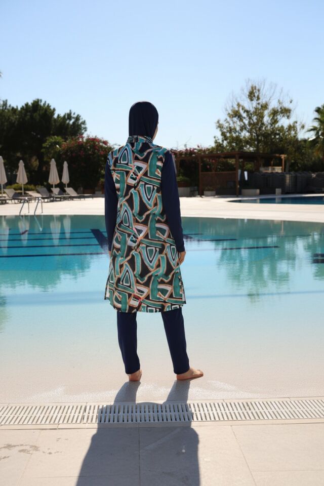 Estiva Geo Tam Kapalı Pantolonlu Fermuarlı Uzun Tesettür Mayo