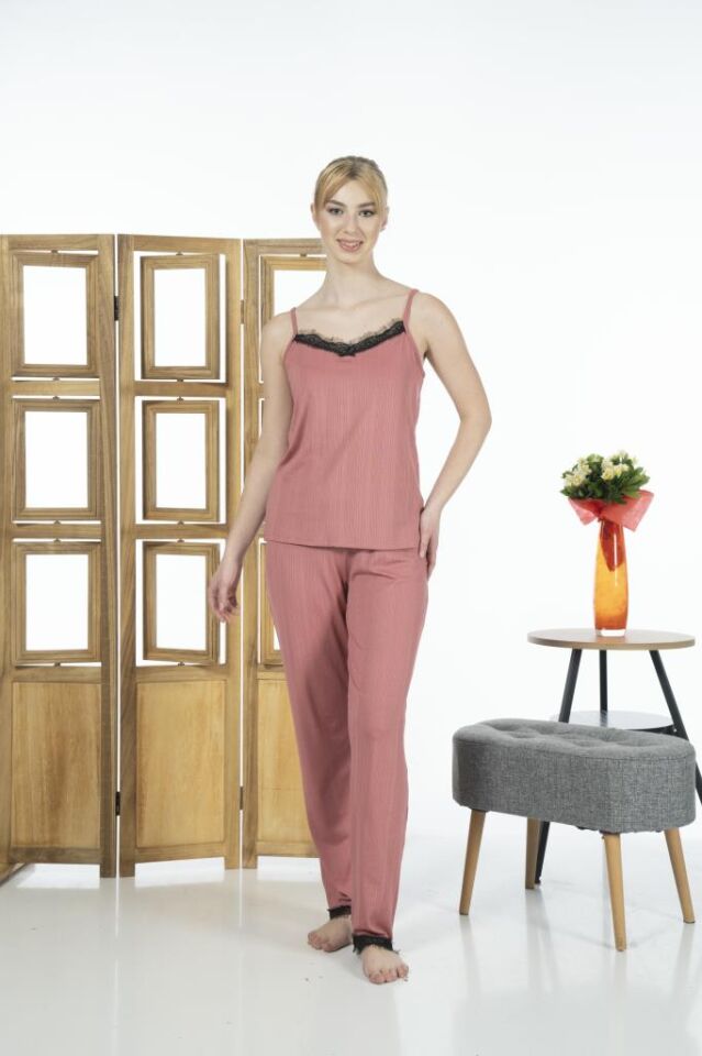 Estiva Kadın İp Askılı Likra Viskon Yazlık Pijama Takımı L - Pudra