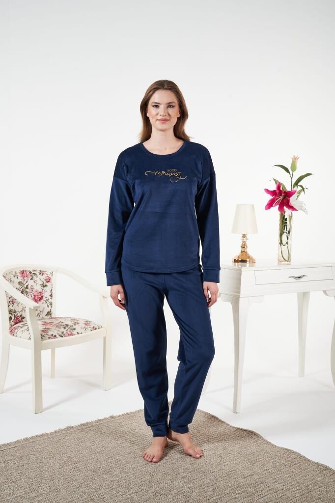 Kadın Kışlık Kadife Pijama Takımı Lacivert - M