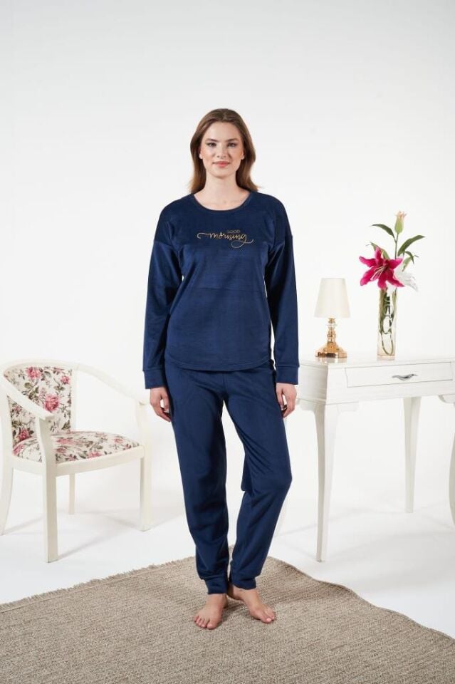 Kadın Kışlık Kadife Pijama Takımı Lacivert - M