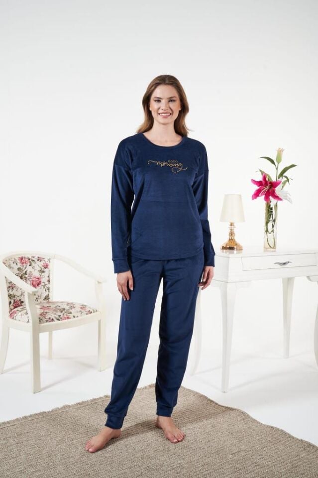 Kadın Kışlık Kadife Pijama Takımı Lacivert - M