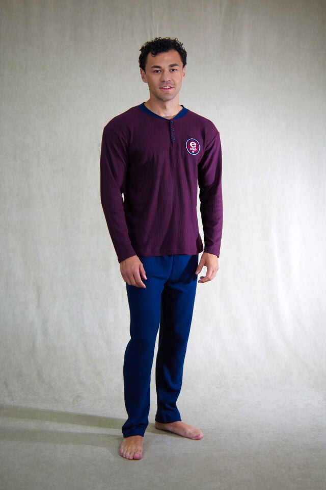Estiva Erkek Nakışlı Patlı İnterlok Şardonlu Pijama Takımı M - Bordo