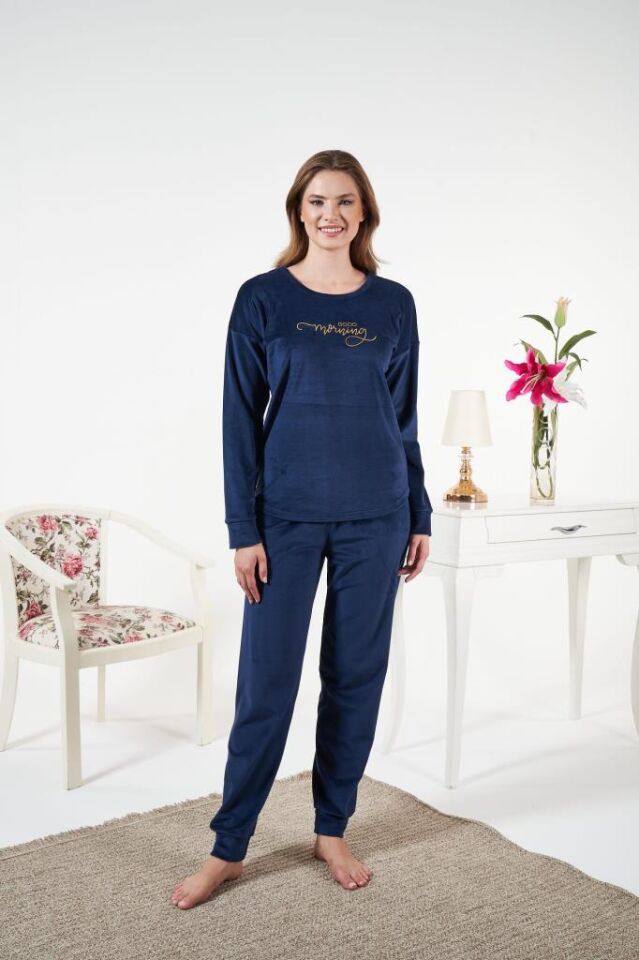 Kadın Kışlık Kadife Pijama Takımı Lacivert - L