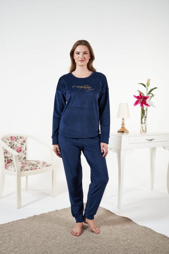 Kadın Kışlık Kadife Pijama Takımı Lacivert - L