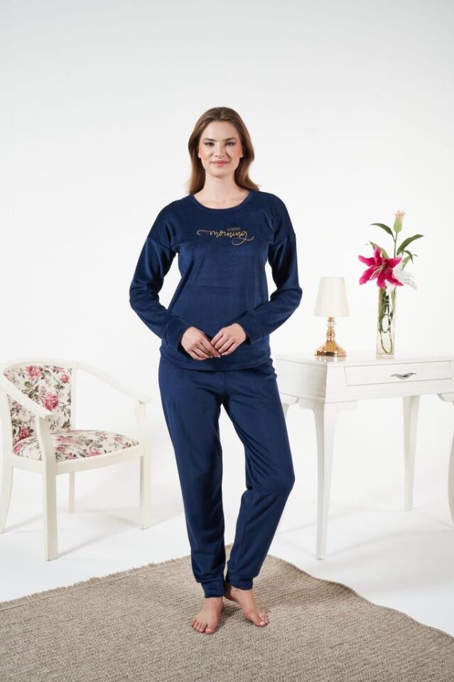 Kadın Kışlık Kadife Pijama Takımı Lacivert - L