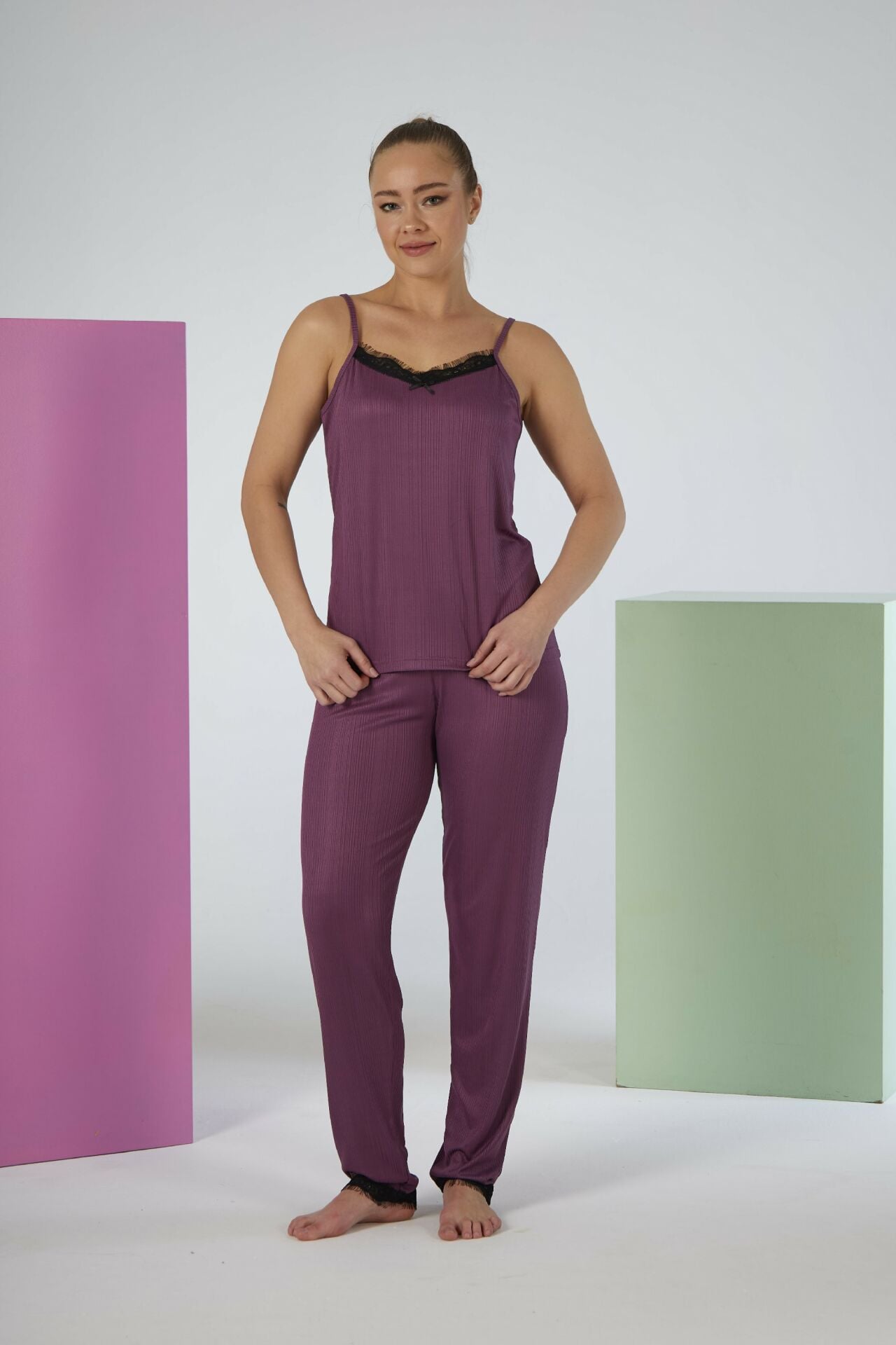 Estiva Kadın İp Askılı Likra Viskon Yazlık Pijama Takımı Mor - S