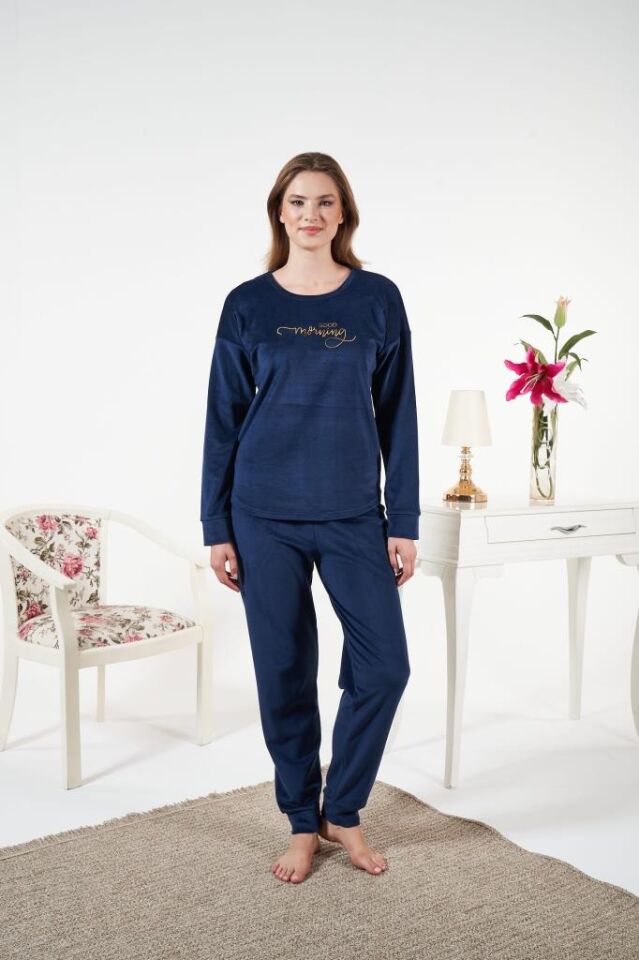 Kadın Kışlık Kadife Pijama Takımı Lacivert - 2XL