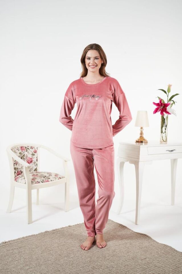 Kadın Kışlık Kadife Pijama Takımı M - Pudra