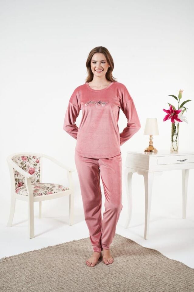 Kadın Kışlık Kadife Pijama Takımı XL - Pudra