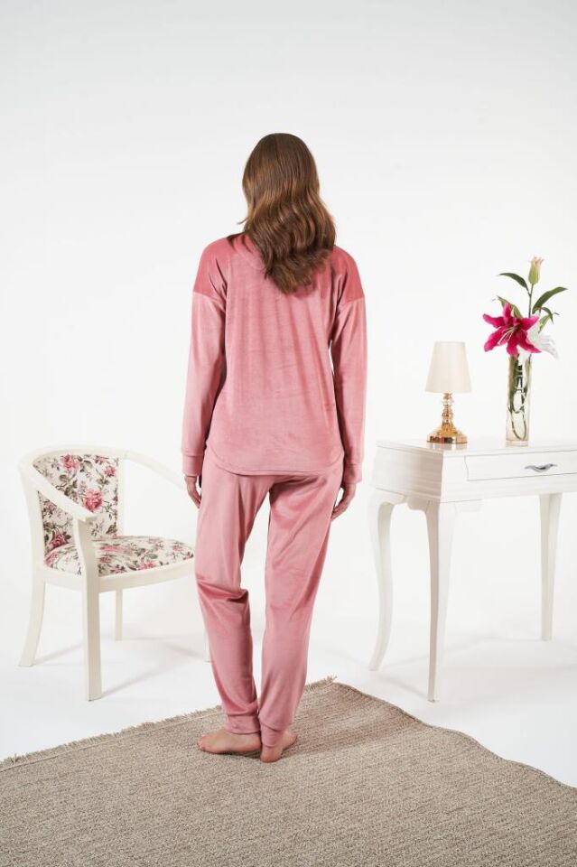 Kadın Kışlık Kadife Pijama Takımı XL - Pudra