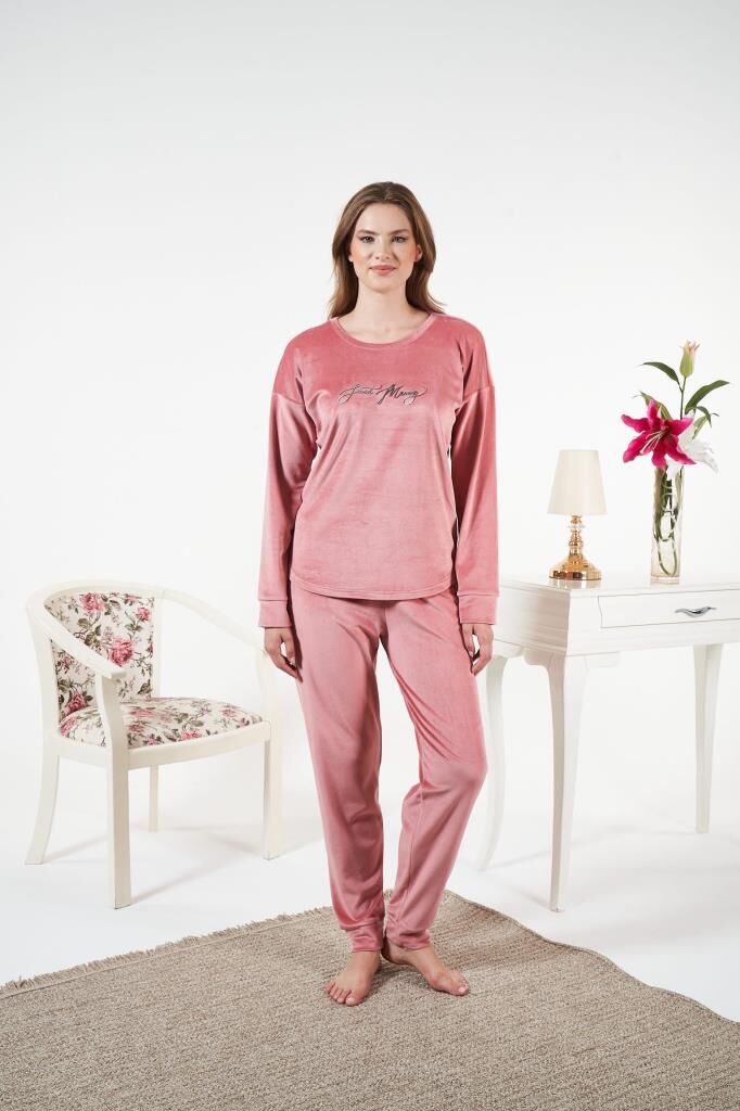 Kadın Kışlık Kadife Pijama Takımı 2XL - Pudra