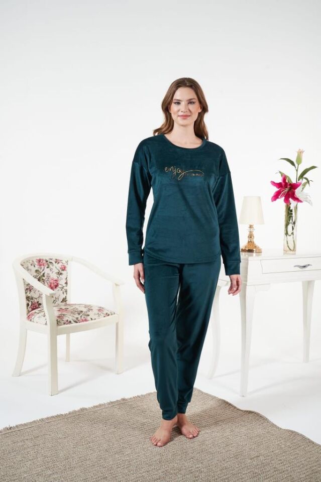 Kadın Kışlık Kadife Pijama Takımı L - Yeşil
