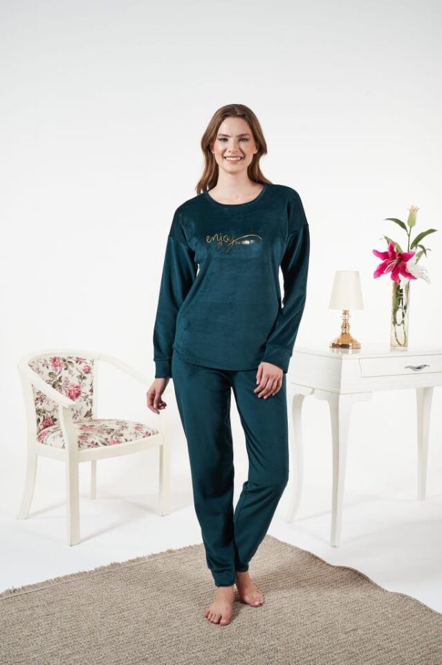 Kadın Kışlık Kadife Pijama Takımı L - Yeşil
