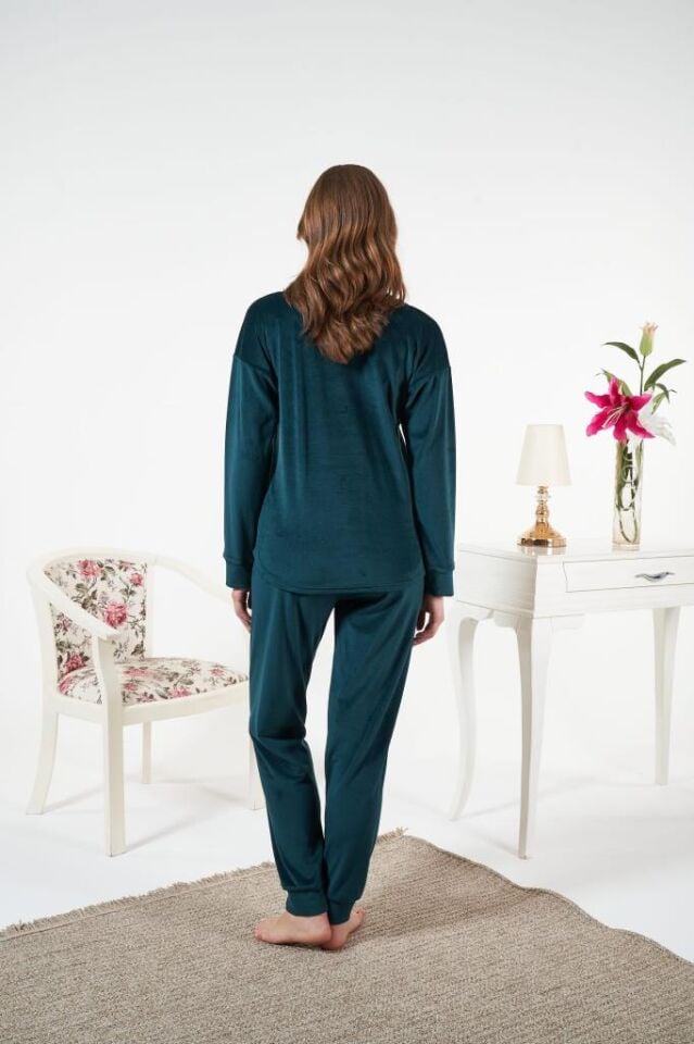 Kadın Kışlık Kadife Pijama Takımı L - Yeşil