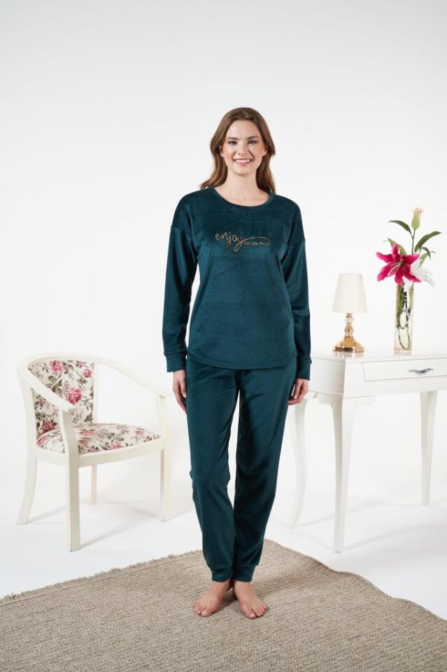 Kadın Kışlık Kadife Pijama Takımı XL - Yeşil