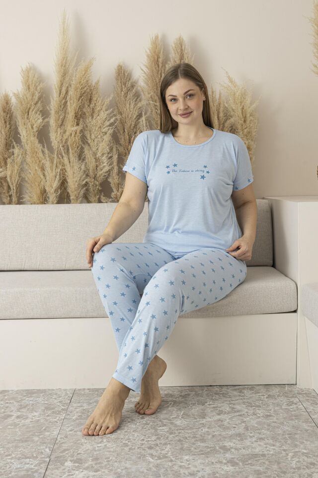 Kadın Yazlık Yıldız Desenli Kısa Kollu Viskon Battal Pijama Takımı