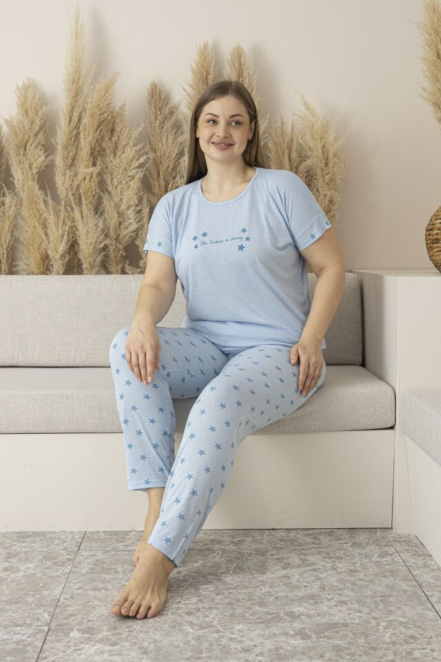 Kadın Yazlık Yıldız Desenli Kısa Kollu Viskon Battal Pijama Takımı