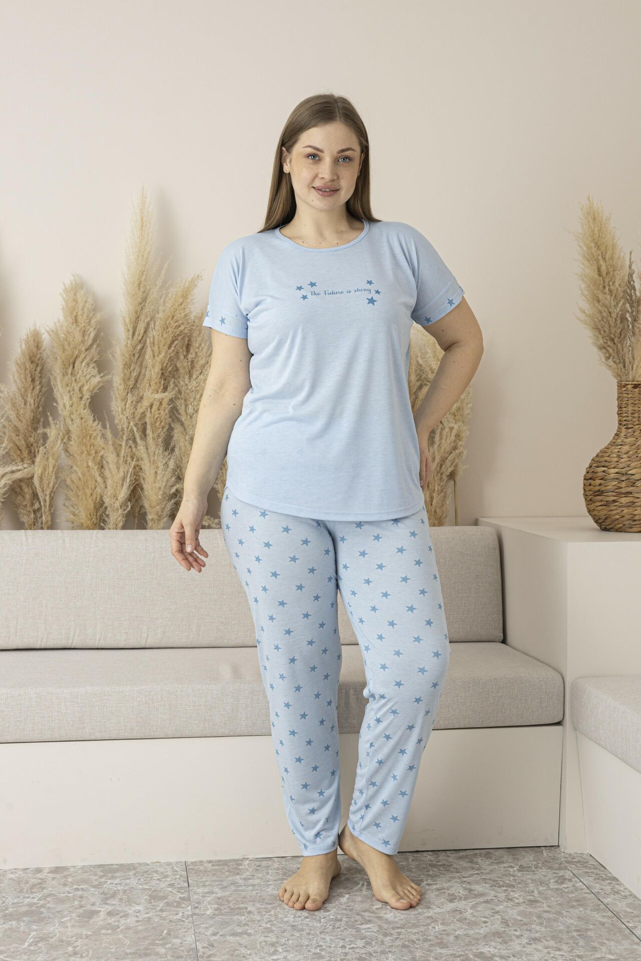 Kadın Yazlık Yıldız Desenli Kısa Kollu Viskon Battal Pijama Takımı 3XL - Mavi