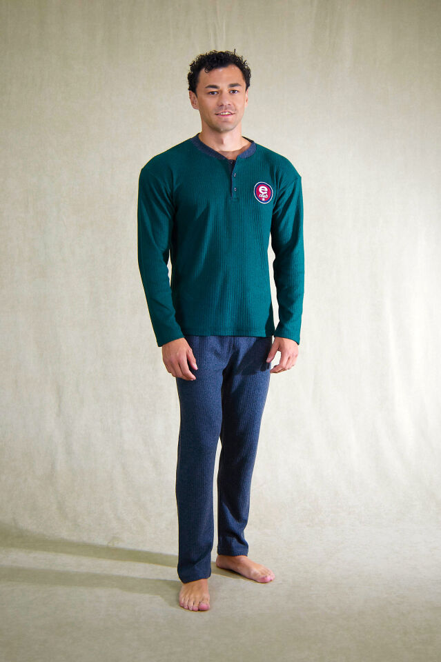 Estiva Erkek Nakışlı Patlı İnterlok Şardonlu Pijama Takımı M - Nefti