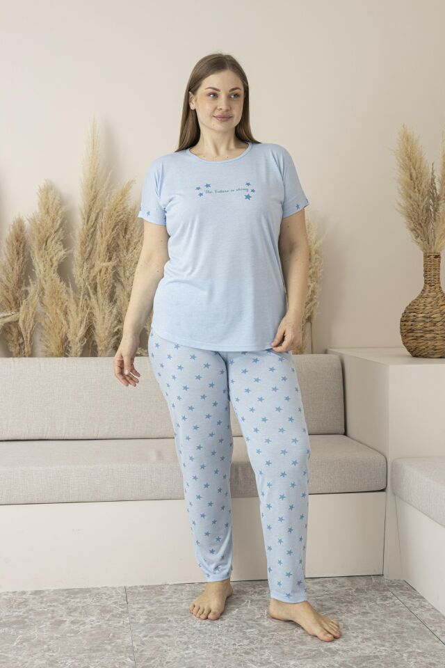 Kadın Yazlık Yıldız Desenli Kısa Kollu Viskon Battal Pijama Takımı 4XL - Mavi