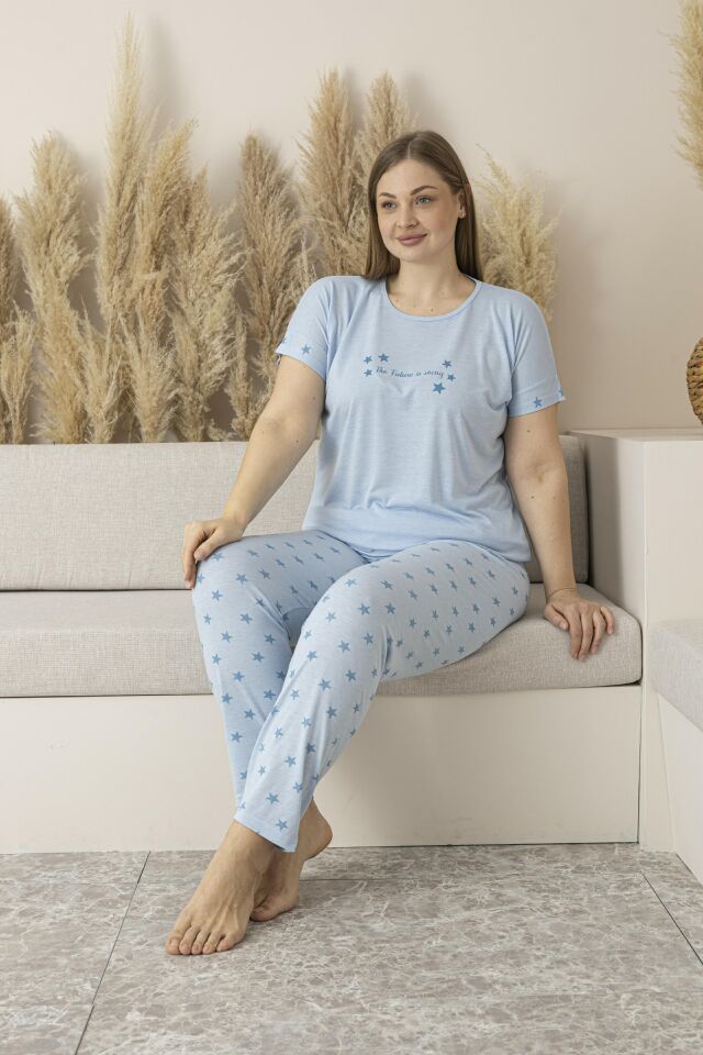 Kadın Yazlık Yıldız Desenli Kısa Kollu Viskon Battal Pijama Takımı 5XL - Mavi