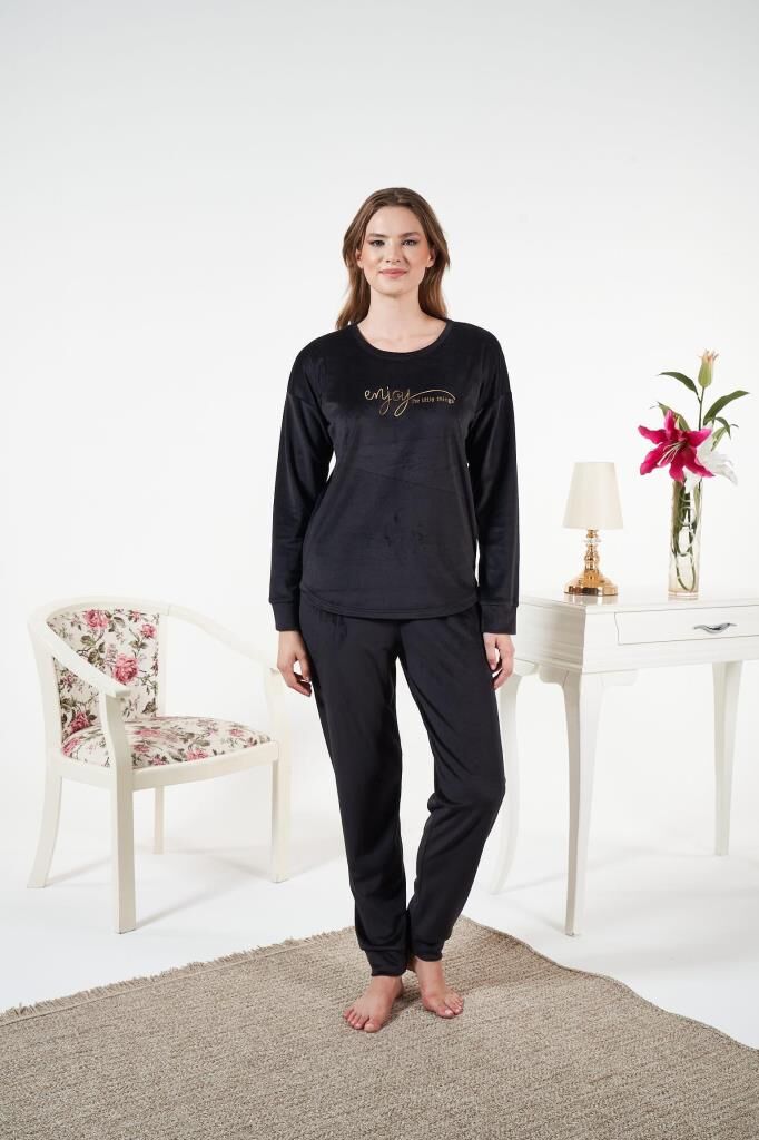 Kadın Kışlık Kadife Pijama Takımı Siyah - XL