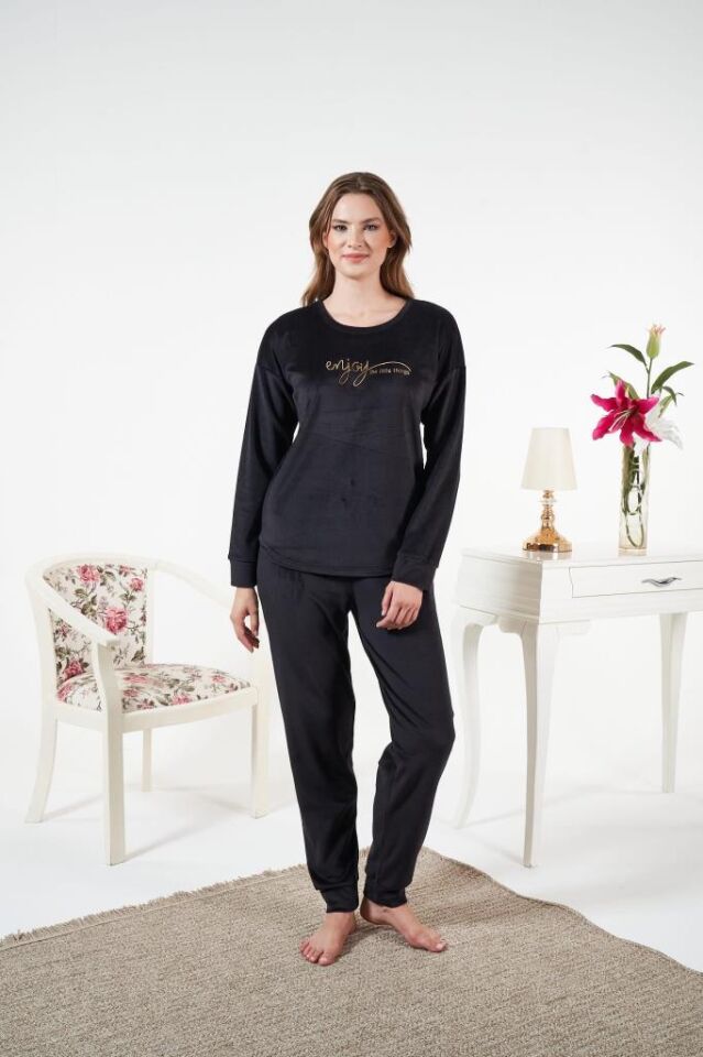 Kadın Kışlık Kadife Pijama Takımı Siyah - XL