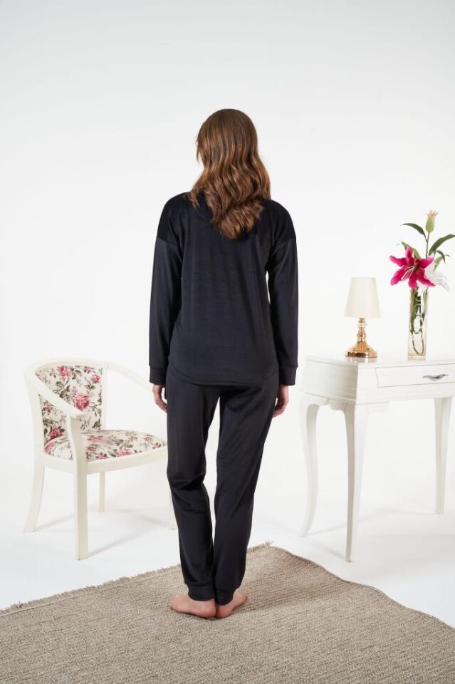 Kadın Kışlık Kadife Pijama Takımı Siyah - XL