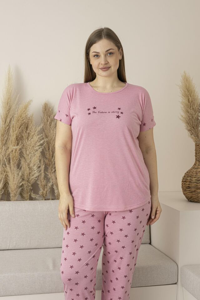 Kadın Yazlık Yıldız Desenli Kısa Kollu Viskon Battal Pijama Takımı 4XL - Pembe